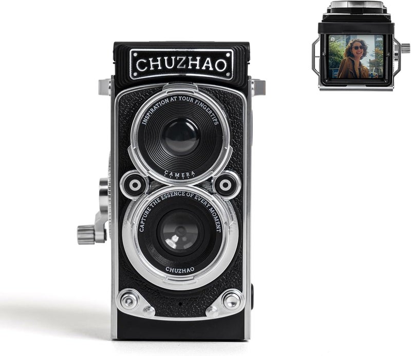 Chocapt CHUZHAO Digital Camera Retro with Time Stamp - Portable Vintage TLR Style 1080p FHD Video 12MP Photos Autofocus Mini Vlogging Camera with 16GB Card for Beginners Teens Adults, Black - Image 1